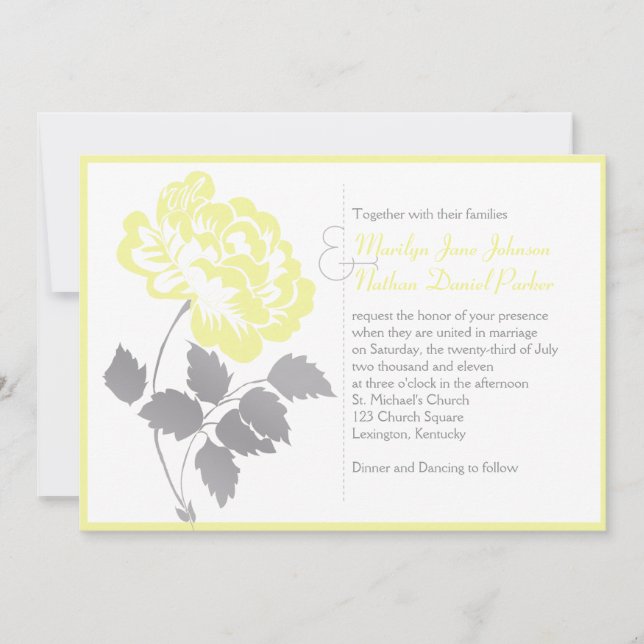 Peonía amarilla en invitación a la boda blanca (Anverso)