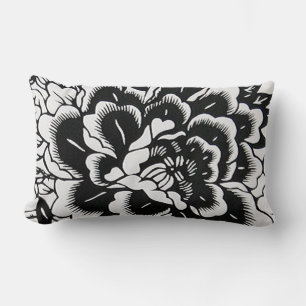 Peonia china cortada de papel en negro - almohada