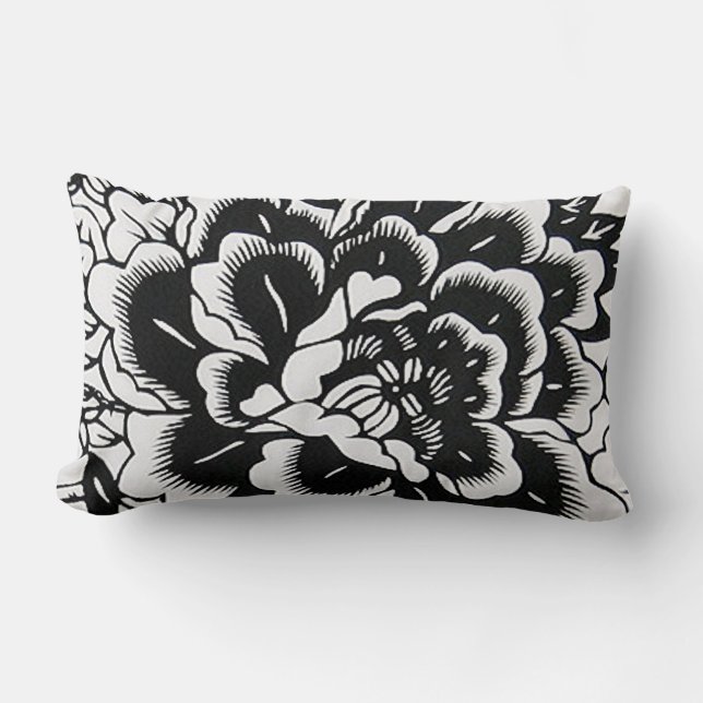 Peonia china cortada de papel en negro - almohada (Anverso)