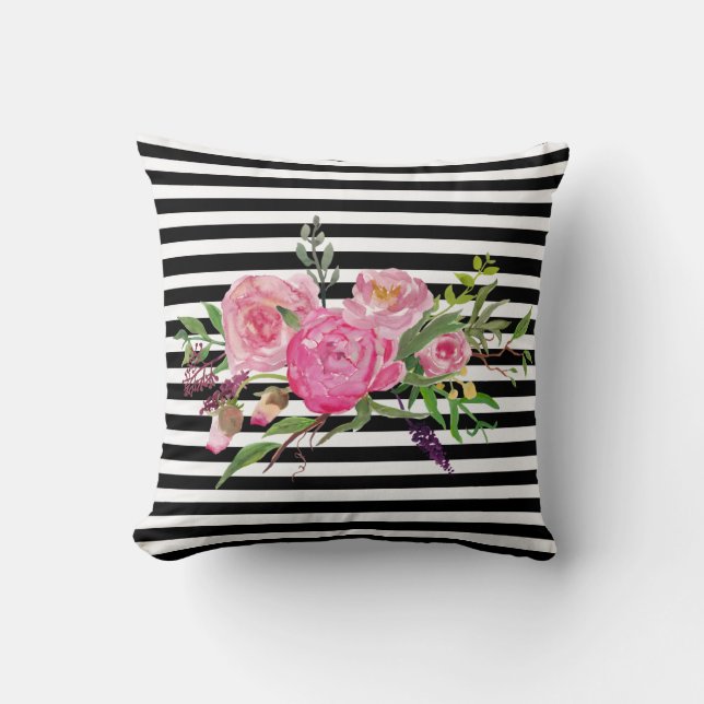 Peonias acuarelas y almohada acentuada de rayas (Anverso)