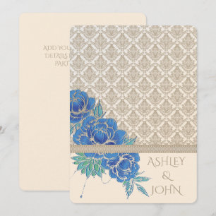 PEONÍAS AZULES Y DAMASCO ~ Tarjeta de Invitación
