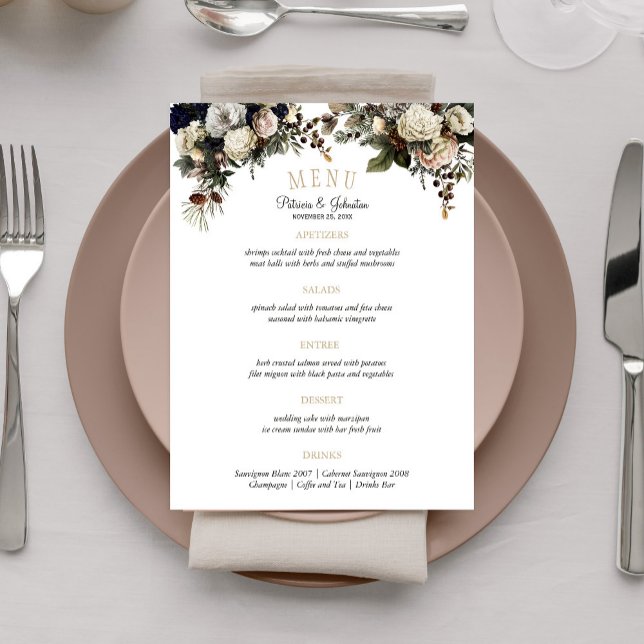 peonías de invierno elegantes y menú boda follaje (Subido por el creador)