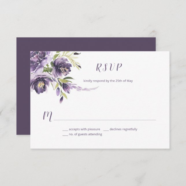 Peonías moradas, Boda Lilac | Tarjeta RSVP (Anverso / Reverso)