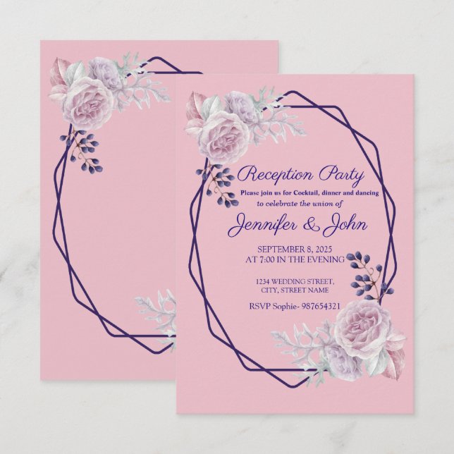 Peonías rosadas Invitación de recepción con marco  (Anverso / Reverso)