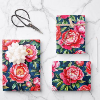 Peonías Rosadas Rojas & Patrón Azul con Hojas Verd