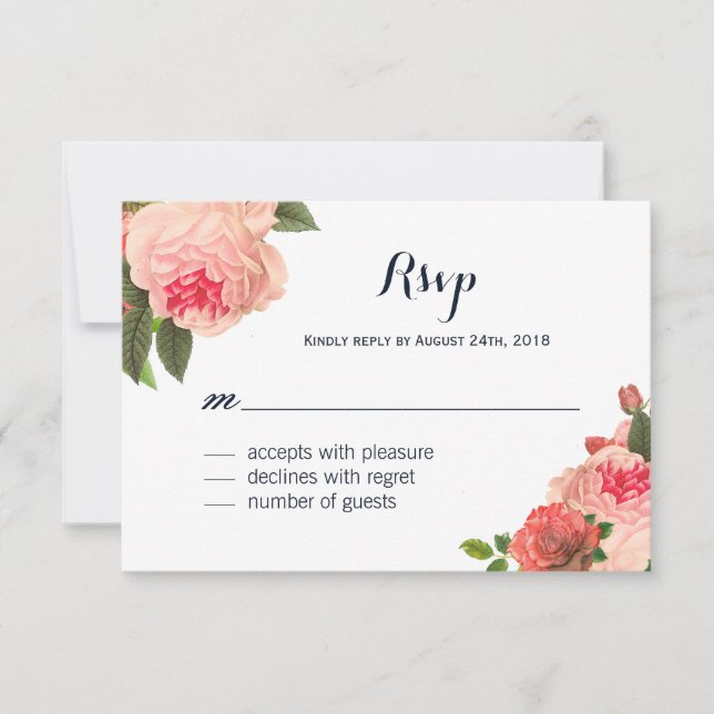 Peonie romántico de coral en las tarjetas RSVP de  (Anverso)