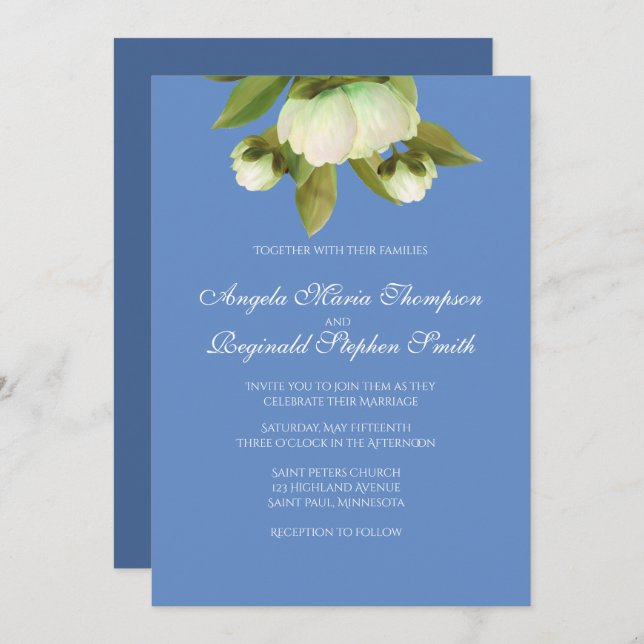 Peonies blancos con invitación azul provenzal (Anverso / Reverso)