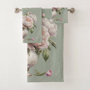 Peonies de época en elegante juego de toallas de b