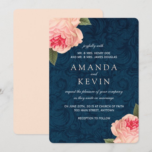 Peonies e invitaciones coralinos de la boda de la (Anverso / Reverso)