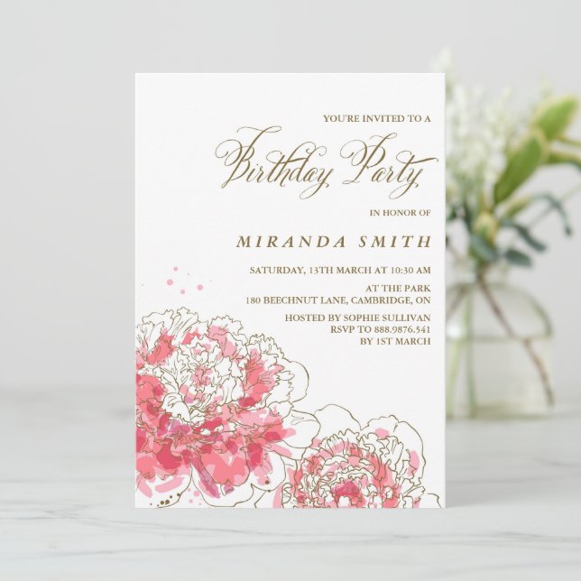 Peonies rosados | Invitación a la fiesta de cumple (Anverso de pie)