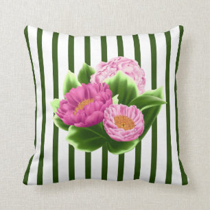Peonies rosados y Cojín decorativo de franjas verd