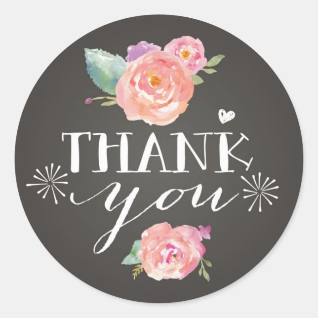 Peonies rosas en Chalkboard Gracias Pegatinas (Anverso)