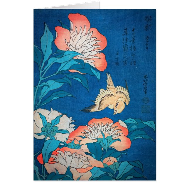 Peonies y arte canario japonés por Hokusai (Frente)