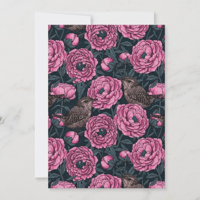 Peonies y wrenes en gris oscuro (Anverso)