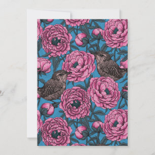 Peonies y wrens en azul