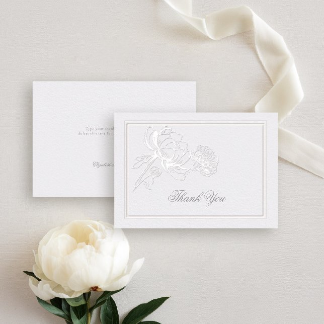 Peony Ivory Boda de nota de pareja elegante formal (peony wedding thank you formal modern classic traditional calligraphy double frame faux embossed)