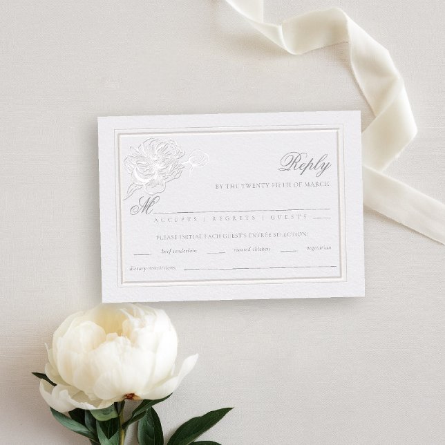 Peony Modern Formal Elegante Comida de Boda RSVP (peony wedding rsvp reply meal formal modern classic traditional calligraphy double frame faux emboss)