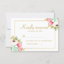 Peony Watercolor Elegant Gold Frame Wedding RSVP