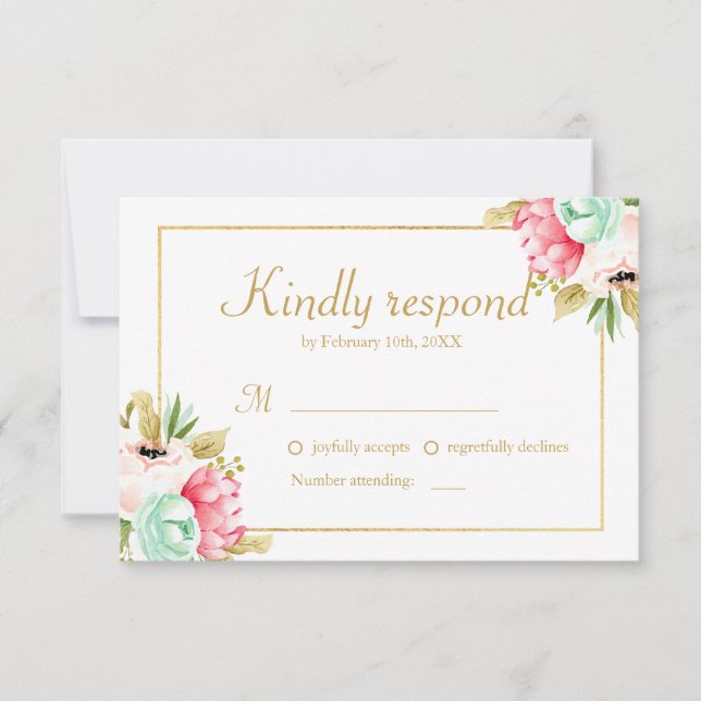Peony Watercolor Elegant Gold Frame Wedding RSVP (Anverso)