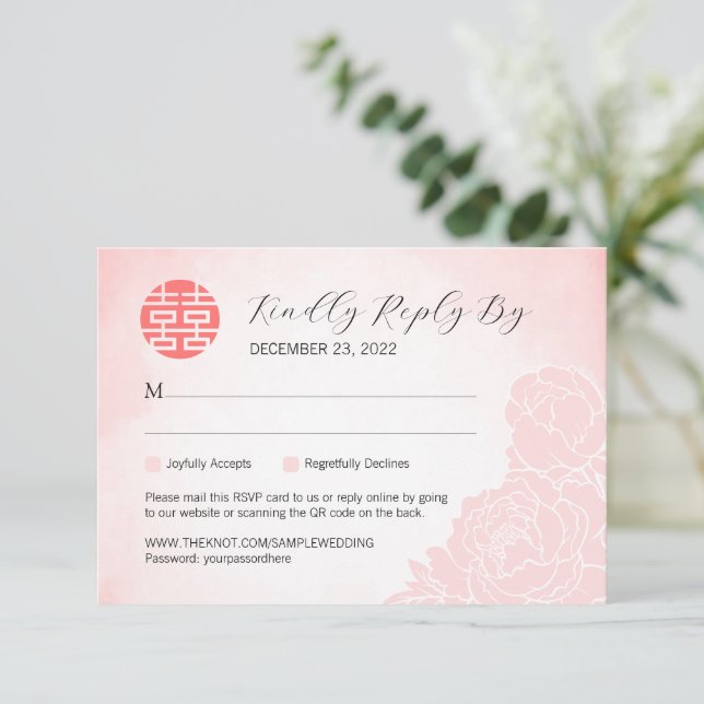Peony Wedding Chino RSVP con código QR (Anverso de pie)