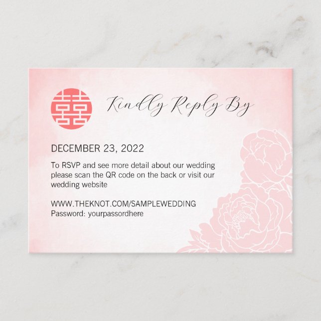Peony Wedding Chino RSVP con código QR (Anverso)