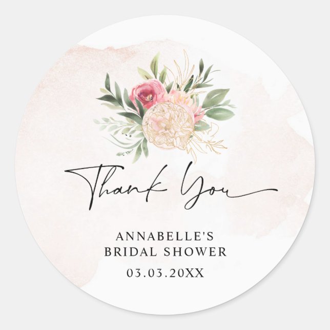 Peony y Gold Bloom Bridal Pegatina de Baby Shower (Anverso)
