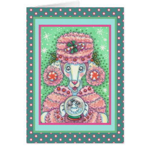 PEPPERMINT PINK POODLE NAVIDADES GREETING CARD V