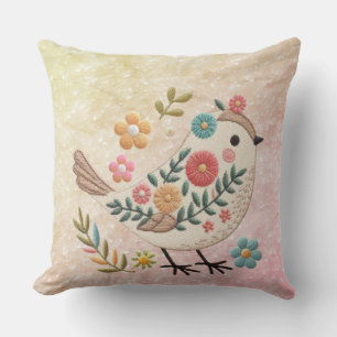 Pequeña ave deja flores Cojín decorativo rosado