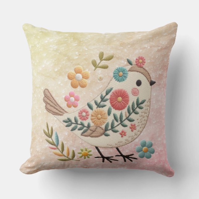 Pequeña ave deja flores Cojín decorativo rosado (Anverso)
