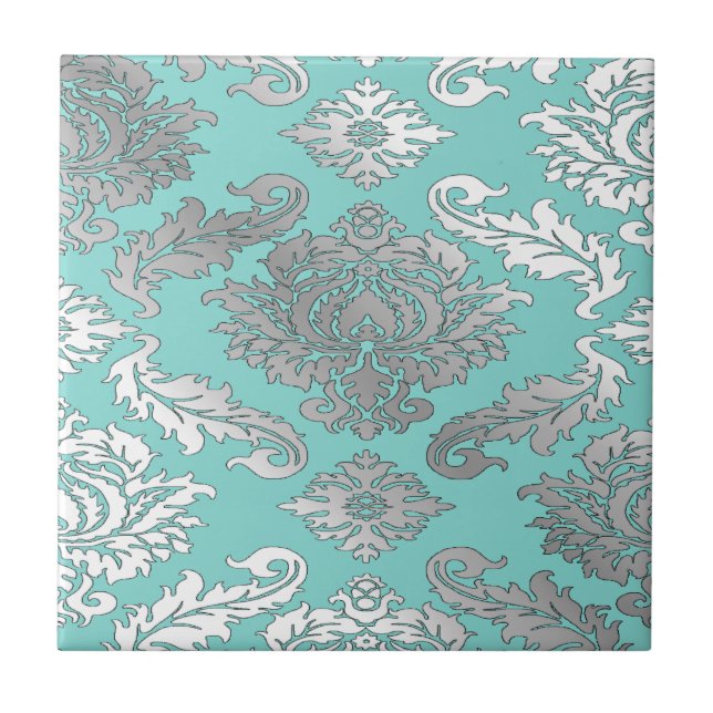 Pequeña baldosa de damasco azul turquesa elegante  (Frente)