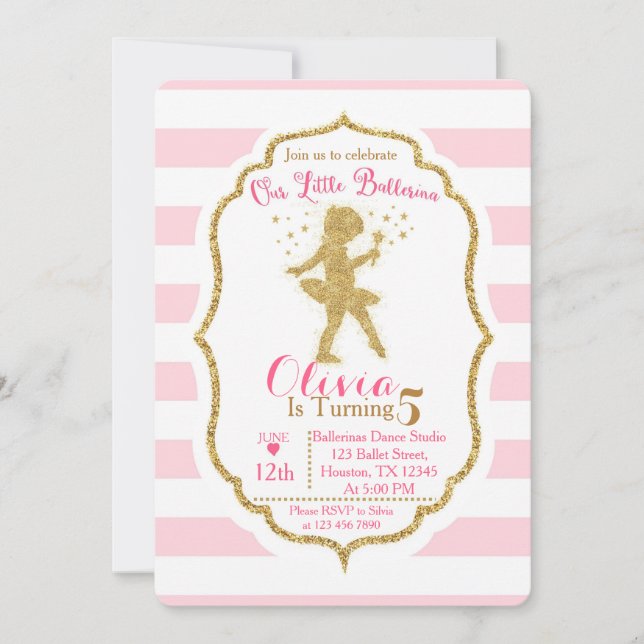 Pequeña Ballerina Invitación rosa y dorada (Anverso)