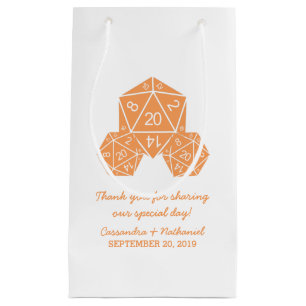 Pequeña Bolsa de regalo de boda con dados D20 naranja