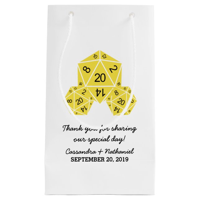 Pequeña Bolsa de regalo de Boda de dados D20 amarillo (Anverso)