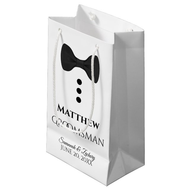 Pequeña Bolsa de regalo de Boda Groomsman con cordón negro (Angulo Anverso)