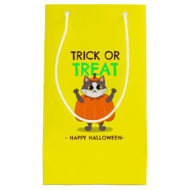 Pequeña Bolsa de regalo de Halloween, gato en calabaza con