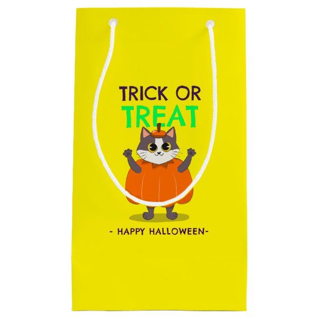 Pequeña Bolsa de regalo de Halloween, gato en calabaza con (Anverso)