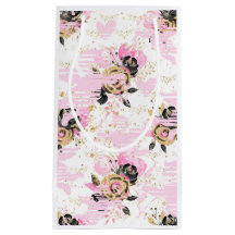 Bolsa de regalo floral rosa, negra y dorada