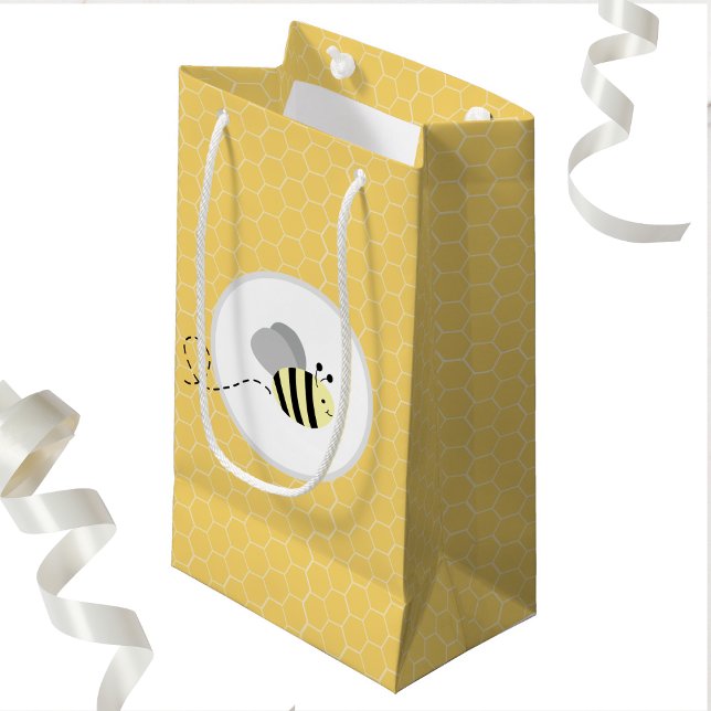 Pequeña Bolsa de regalo Gray Bumble Bee Honeycomb (Bumble Bee Baby Shower Gender Neutral Gift Bag )