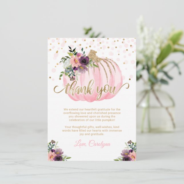 Pequeña Calabaza Baby Shower Gracias 4.5x6.25 (Anverso de pie)