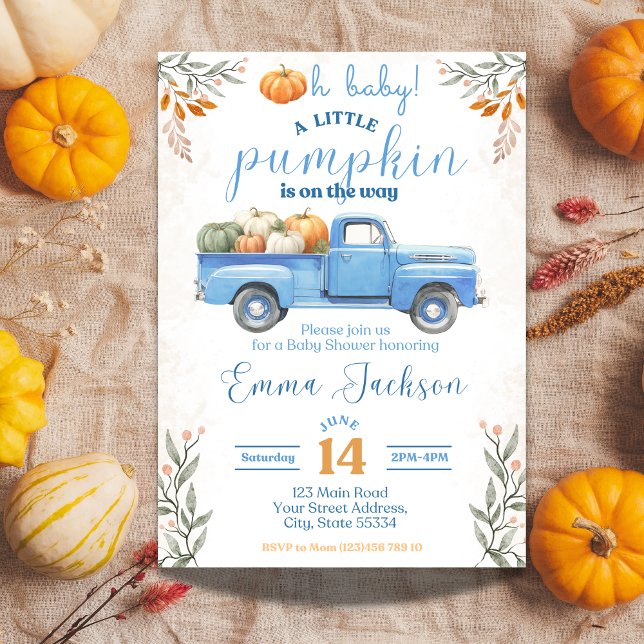 Pequeña calabaza Baby Shower Invitación Camión Azu (Subido por el creador)