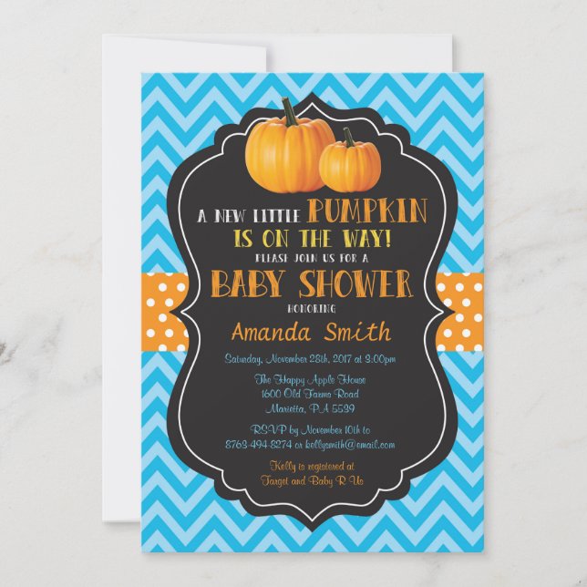 Pequeña calabaza Baby Shower invitación Chevron az (Anverso)