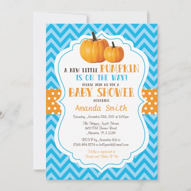 Pequeña calabaza Baby Shower invitación Chevron az (Anverso)