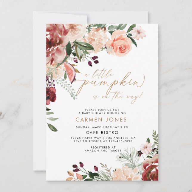 Pequeña calabaza Baby Shower invitación otoño flor (Anverso)
