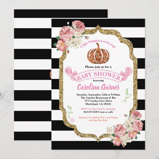 Pequeña calabaza bebé ducha invitación rosa (Anverso / Reverso)