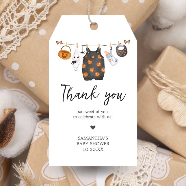 Pequeña calabaza de Boo Halloween etiqueta de favo (Little Boo Pumpkin Clothesline Halloween Baby Shower Favor Tags)