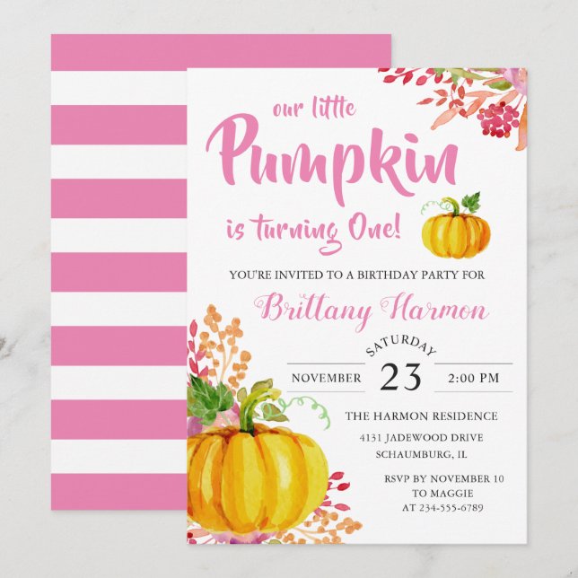 Pequeña Calabaza Floral Rosa Invitación de cumplea (Anverso / Reverso)