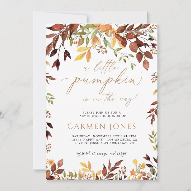 Pequeña calabaza Invitación de Baby Shower al otoñ (Anverso)
