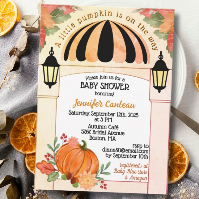 Pequeña calabaza Invitación de Baby Shower al otoñ (Autumn, Fall Baby Shower Invitation with Pumpkin)