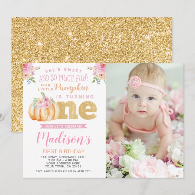 Pequeña calabaza Invitación de cumpleaños con foto (Anverso / Reverso)