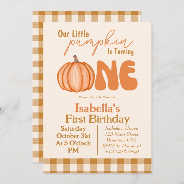 Pequeña Calabaza Otoño Invitación al primer cumple (Anverso / Reverso)